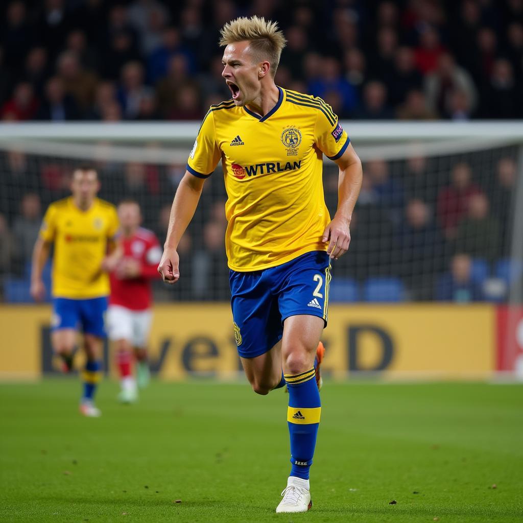 Haaland celebrating a goal in his new jersey