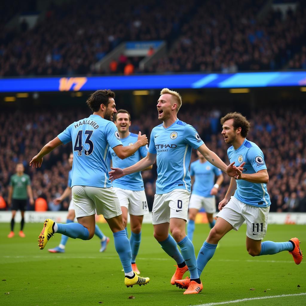 Erling Haaland celebrates a goal with Manchester City teammates