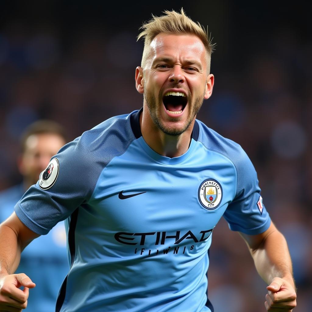 Erling Haaland celebrating a goal in a Manchester City jersey