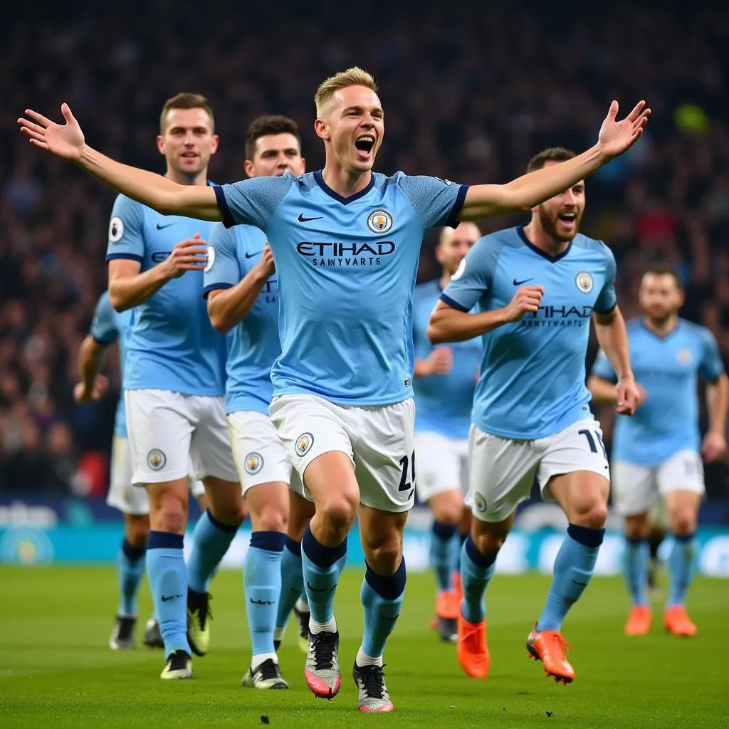 Erling Haaland celebrating a goal with Manchester City teammates