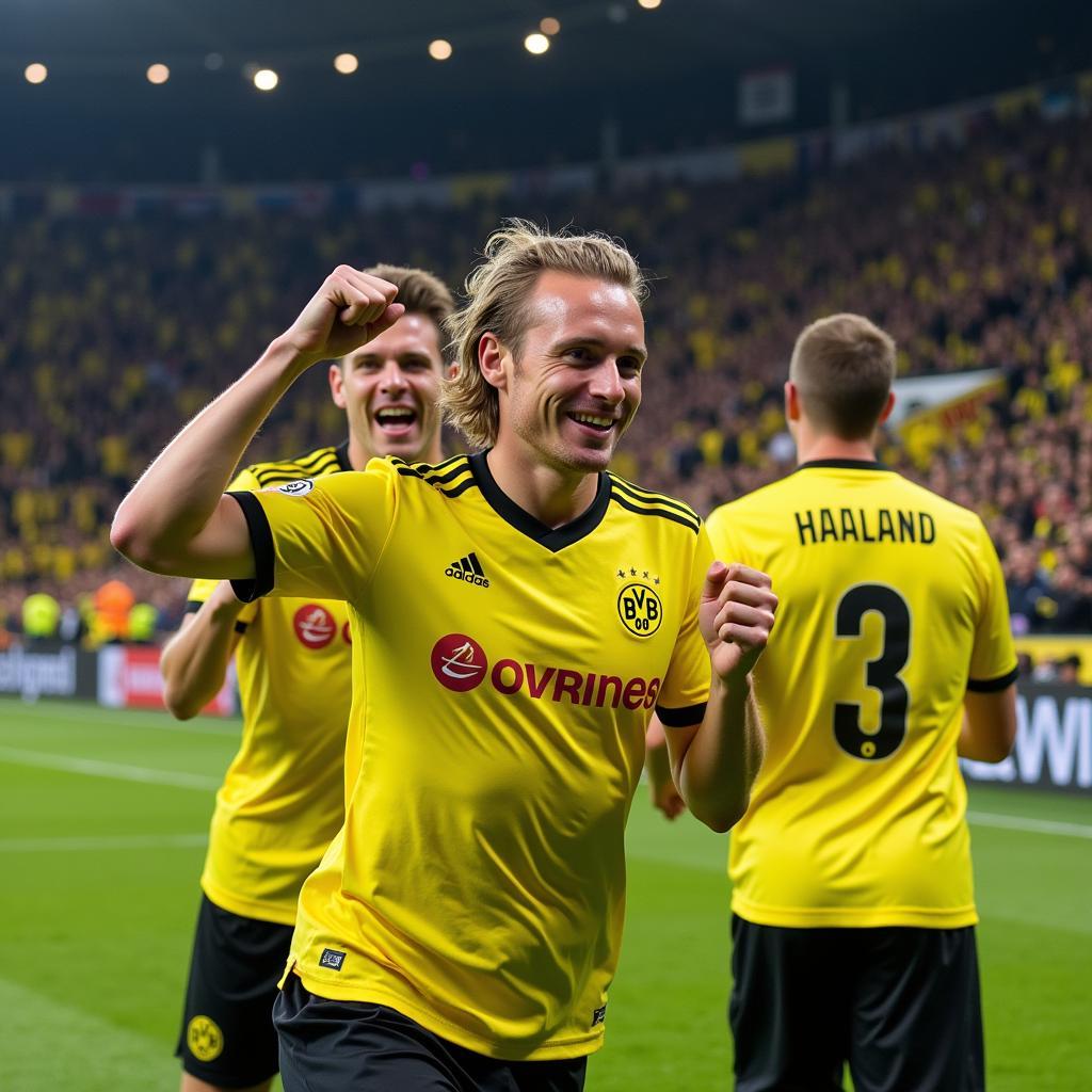 Erling Haaland celebrates a goal for Borussia Dortmund