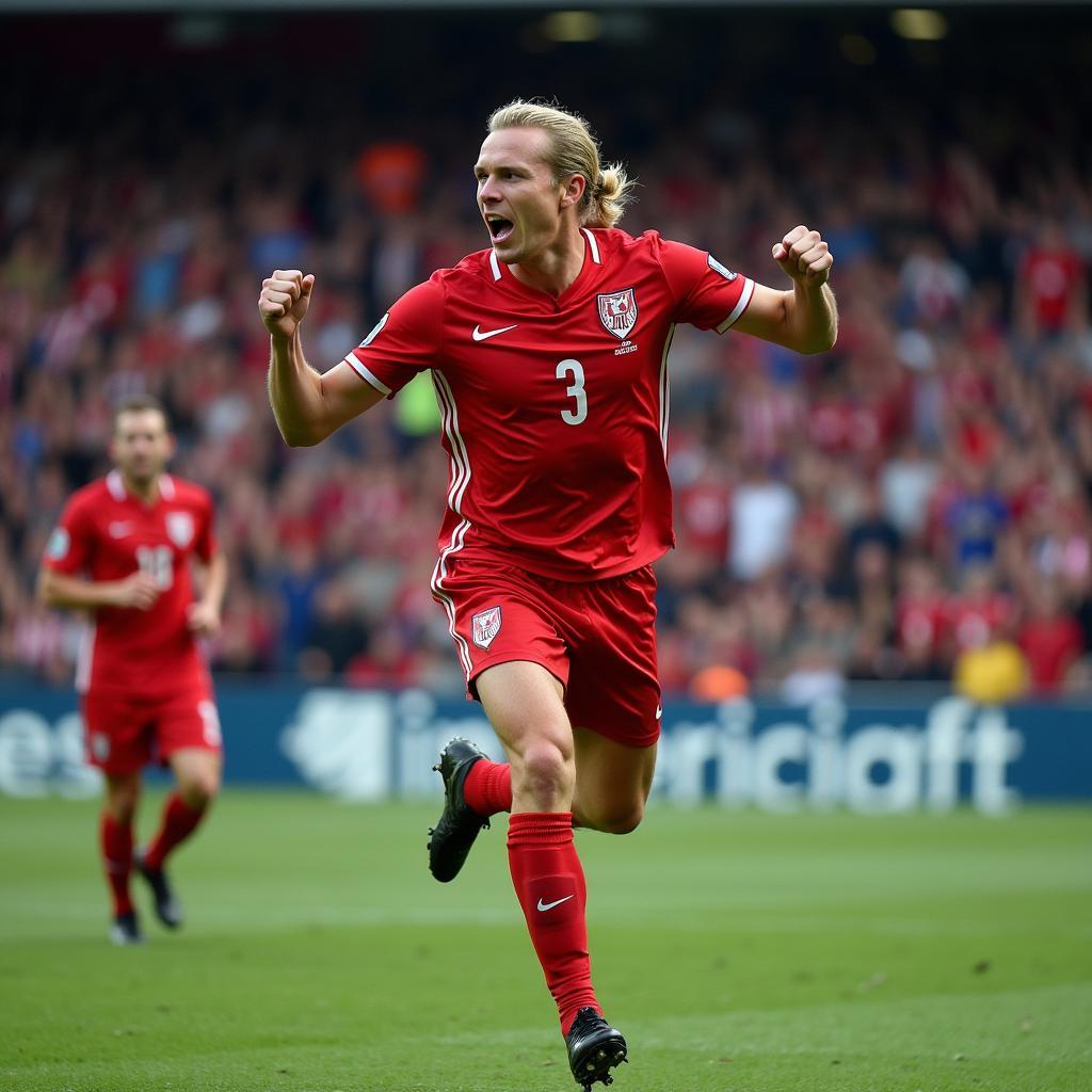 Erling Haaland celebrates a goal in front of a roaring crowd