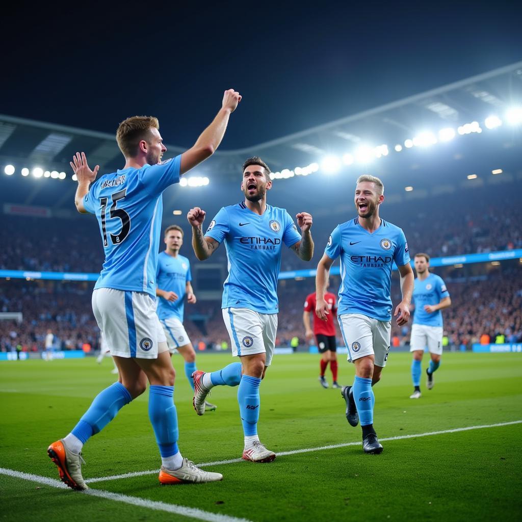 Erling Haaland celebrating a goal with Manchester City teammates