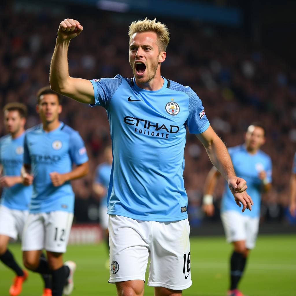 Haaland celebrates a goal with his Manchester City teammates