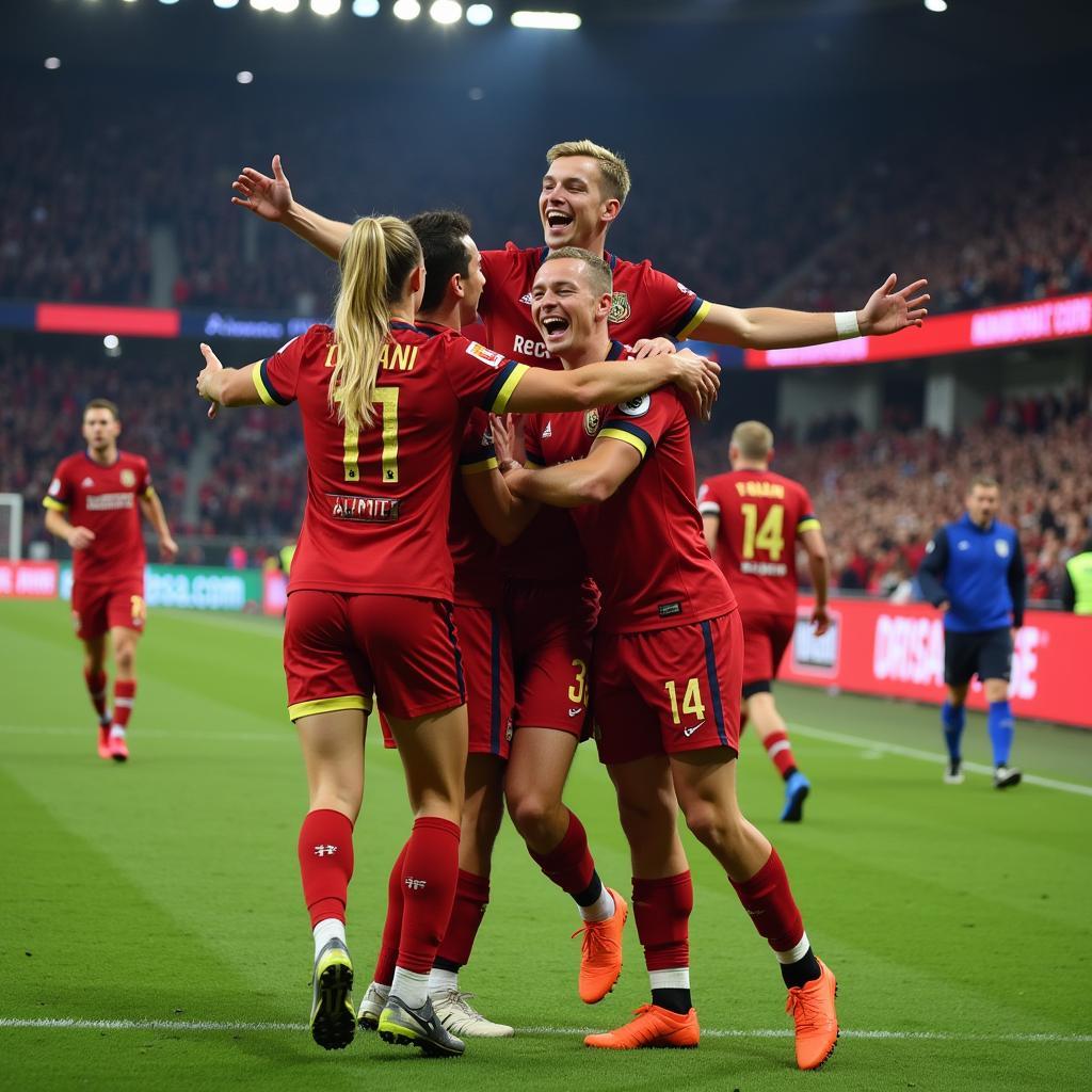 Haaland celebrating a goal with teammates