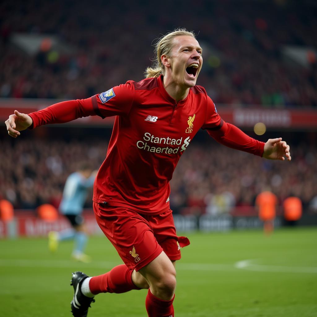 Haaland celebrating a goal with his teammates against Liverpool