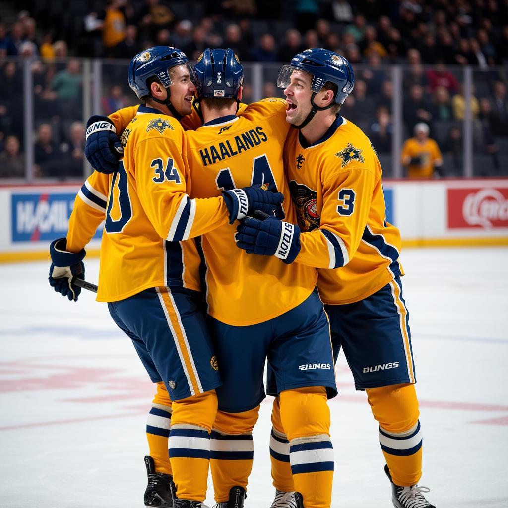 Haaland celebrating a goal with teammates