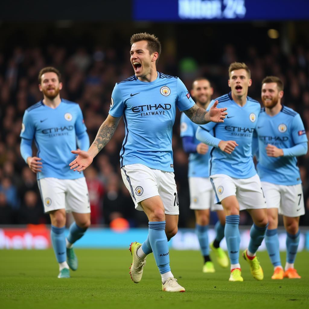 Erling Haaland celebrates a goal with Manchester City teammates