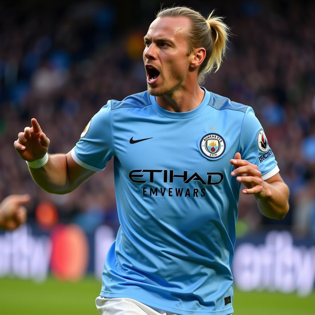 Erling Haaland celebrates a goal with Manchester City