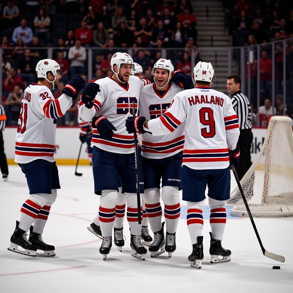 Erling Haaland celebrates a goal with teammates.