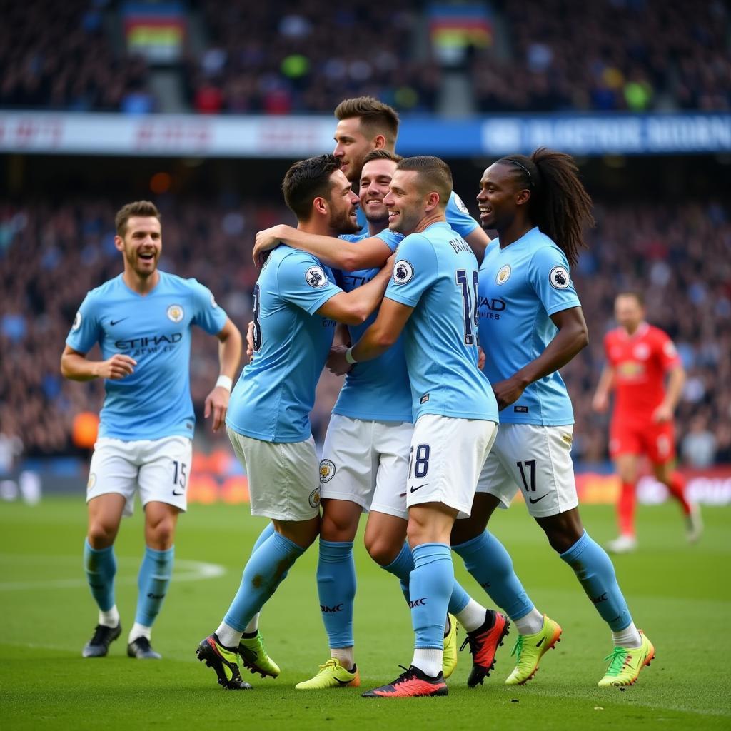 Haaland celebrating a goal for Manchester City with his teammates.