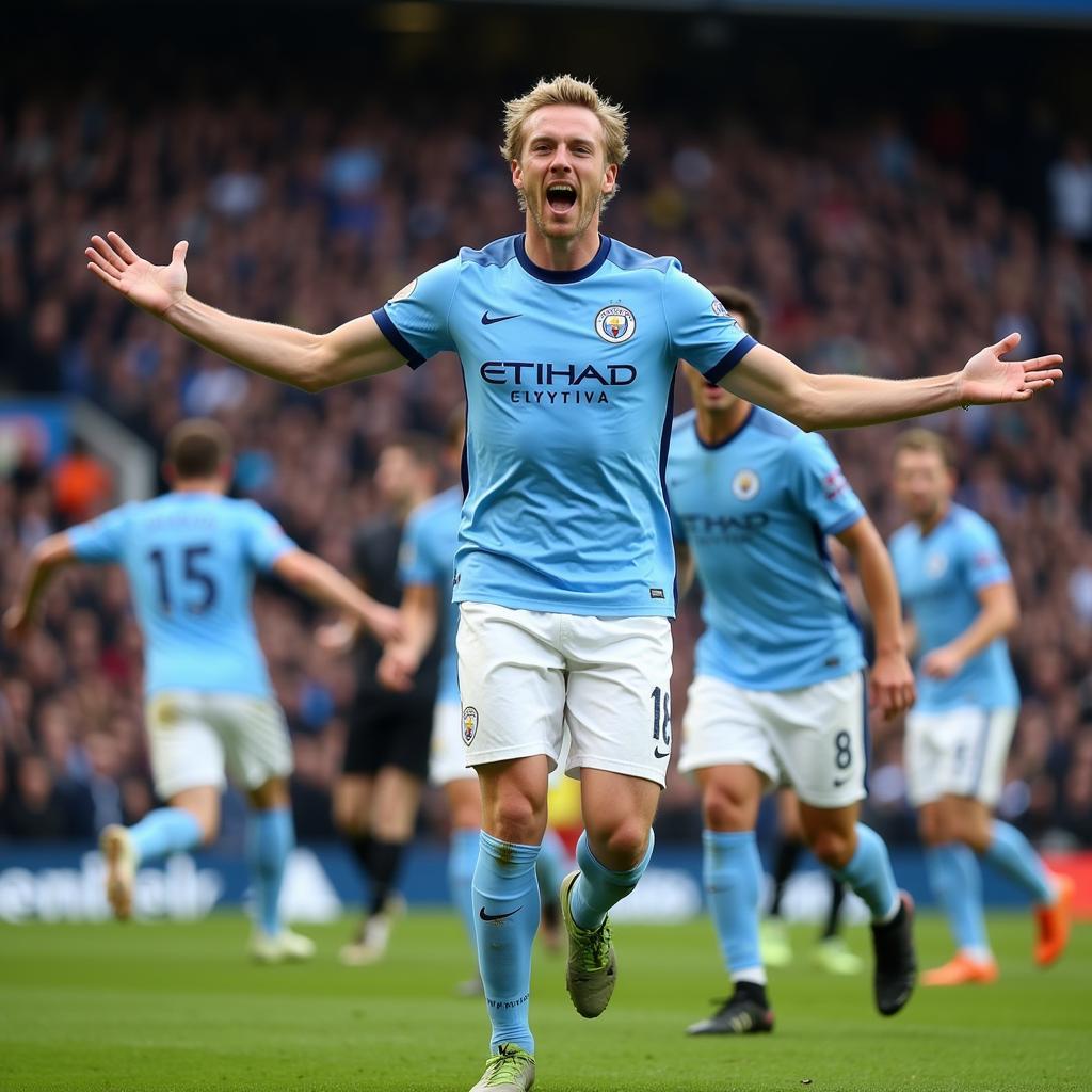 Erling Haaland celebrates a goal with Manchester City teammates