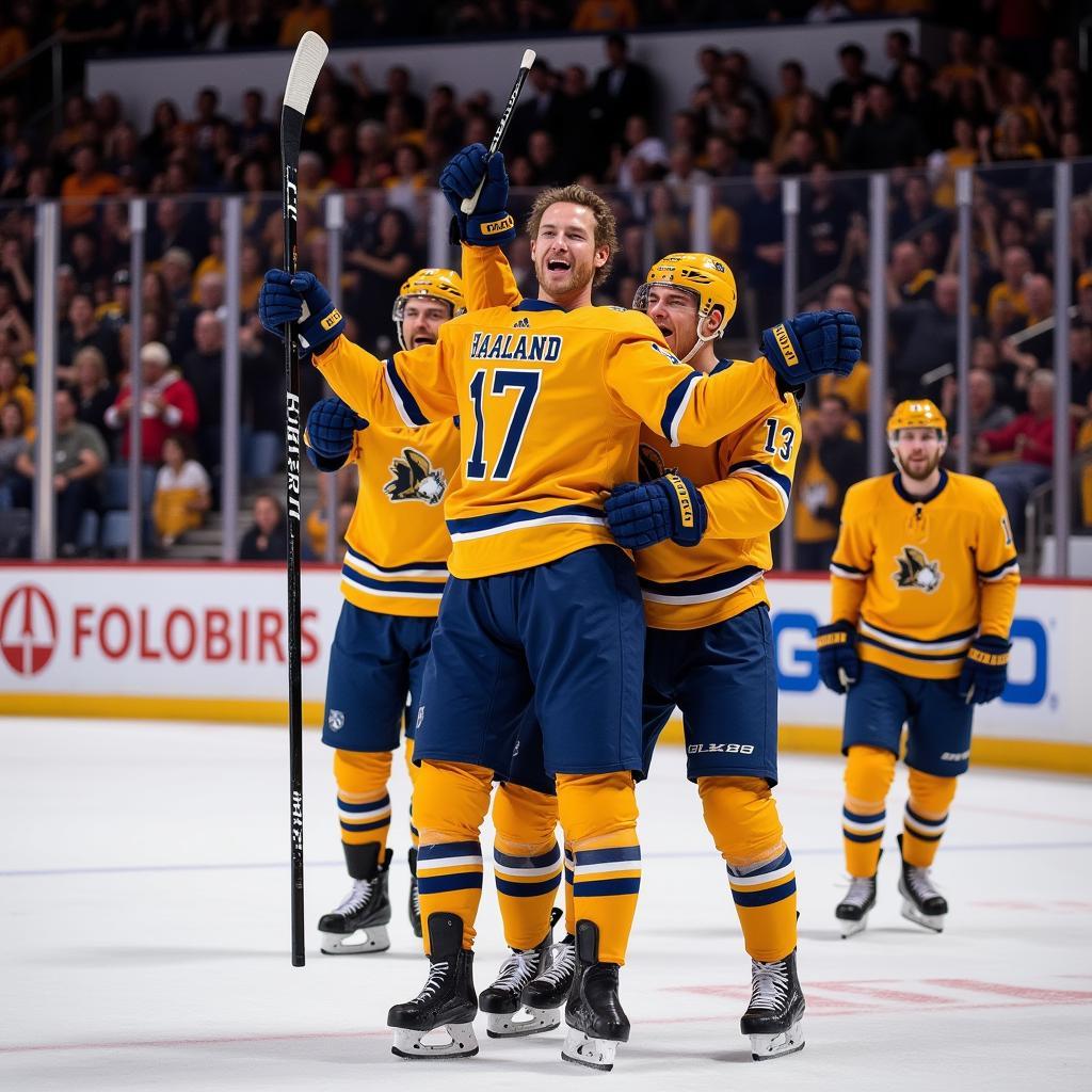 Erling Haaland celebrates a goal with his teammates