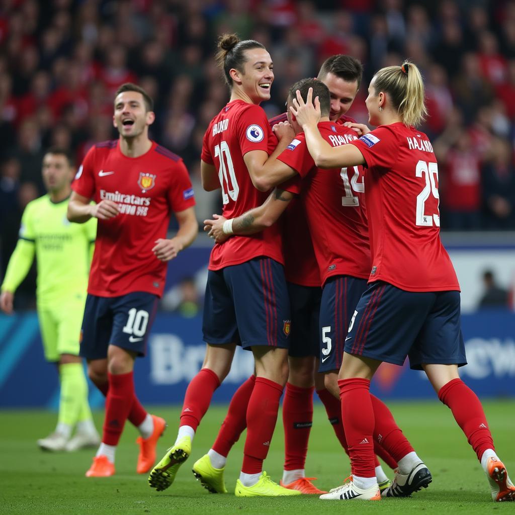 Haaland celebrating a goal with teammates