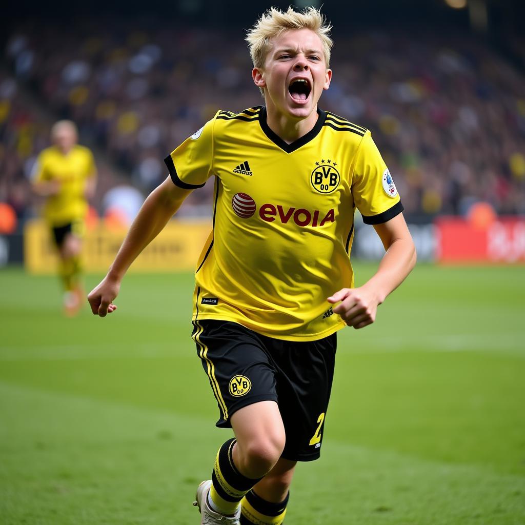 Erling Haaland celebrates a goal with Borussia Dortmund