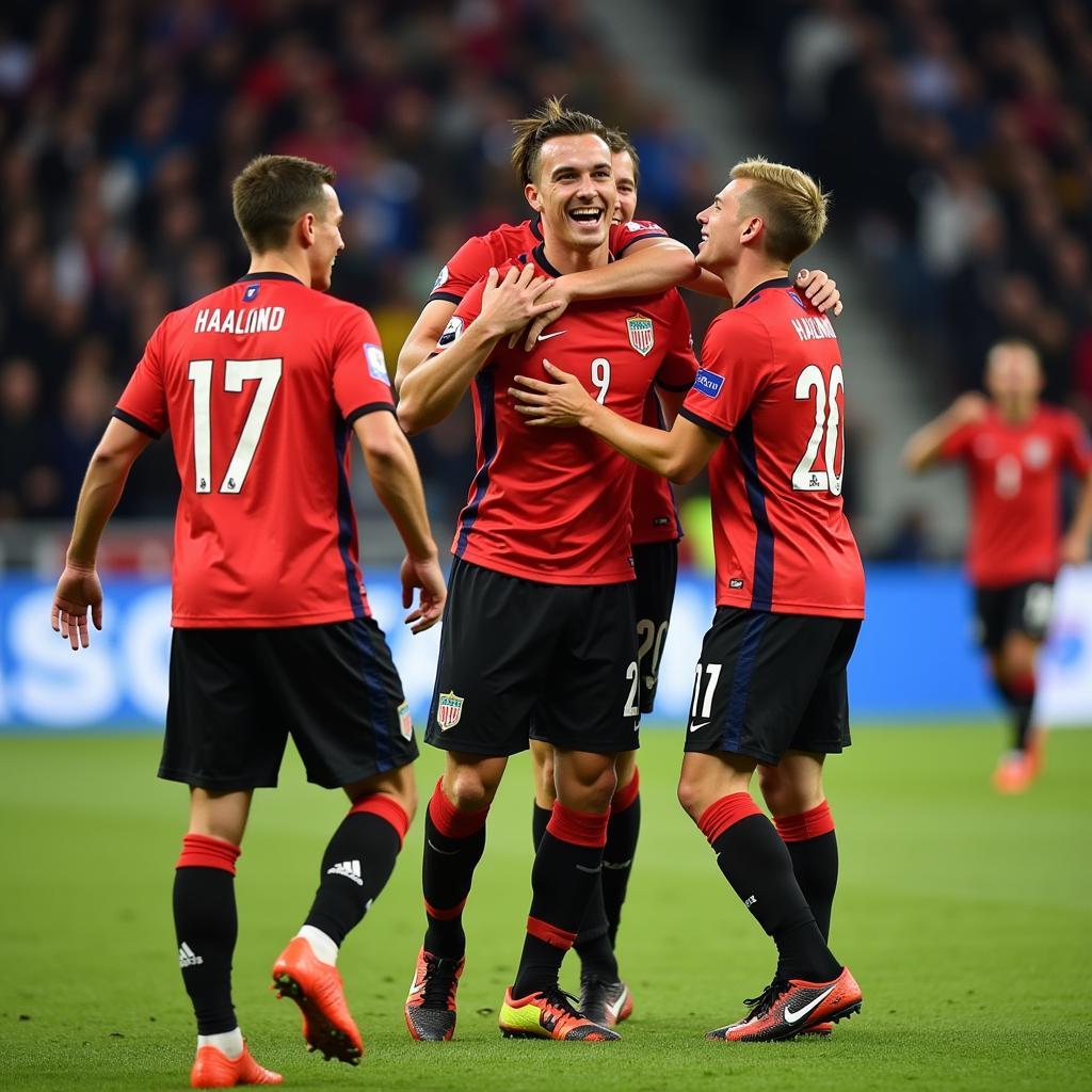 Haaland celebrating a goal with teammates