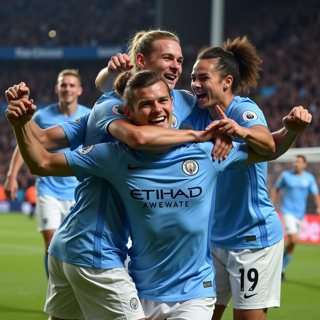 Erling Haaland celebrates a goal with Manchester City