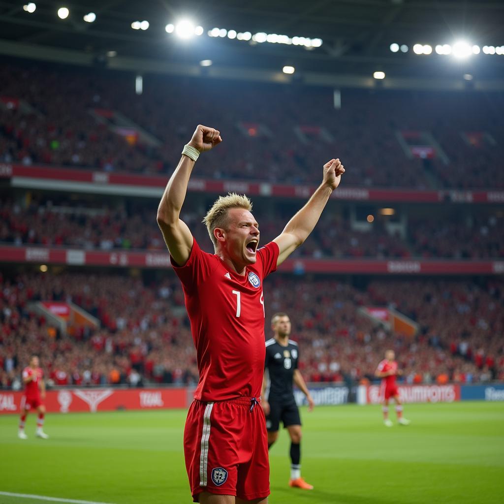 Haaland celebrating a goal with his teammates