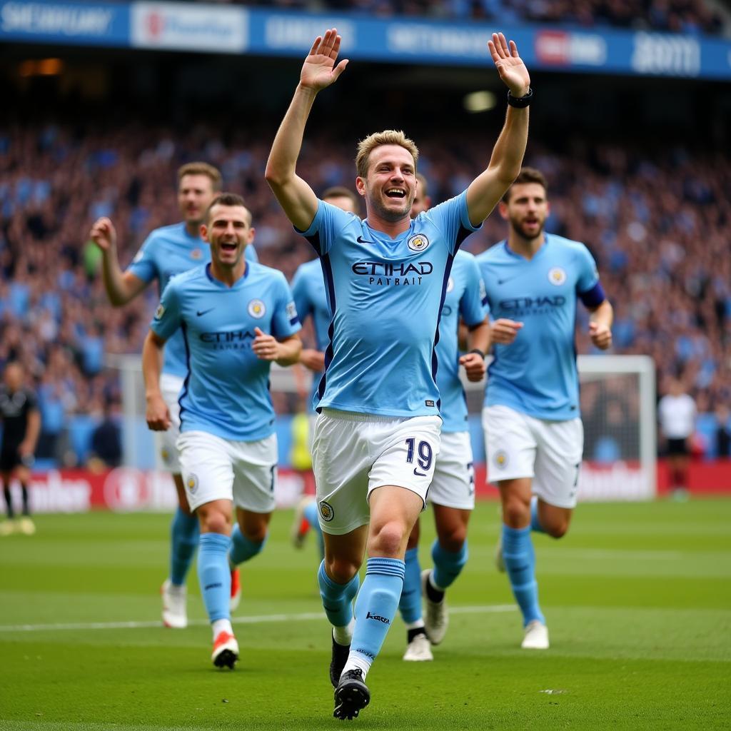 Haaland celebrating a goal with Man City teammates