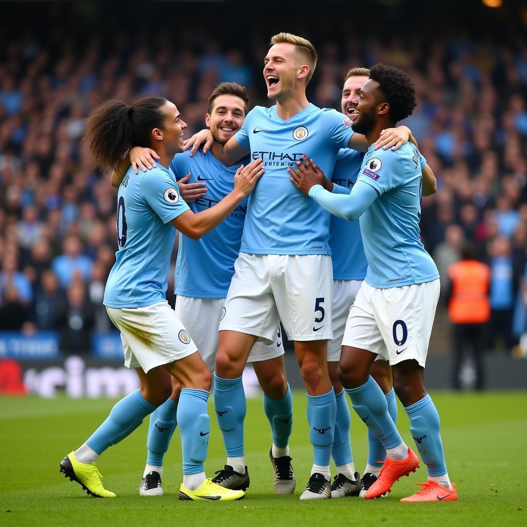 Haaland celebrates a goal with Manchester City teammates