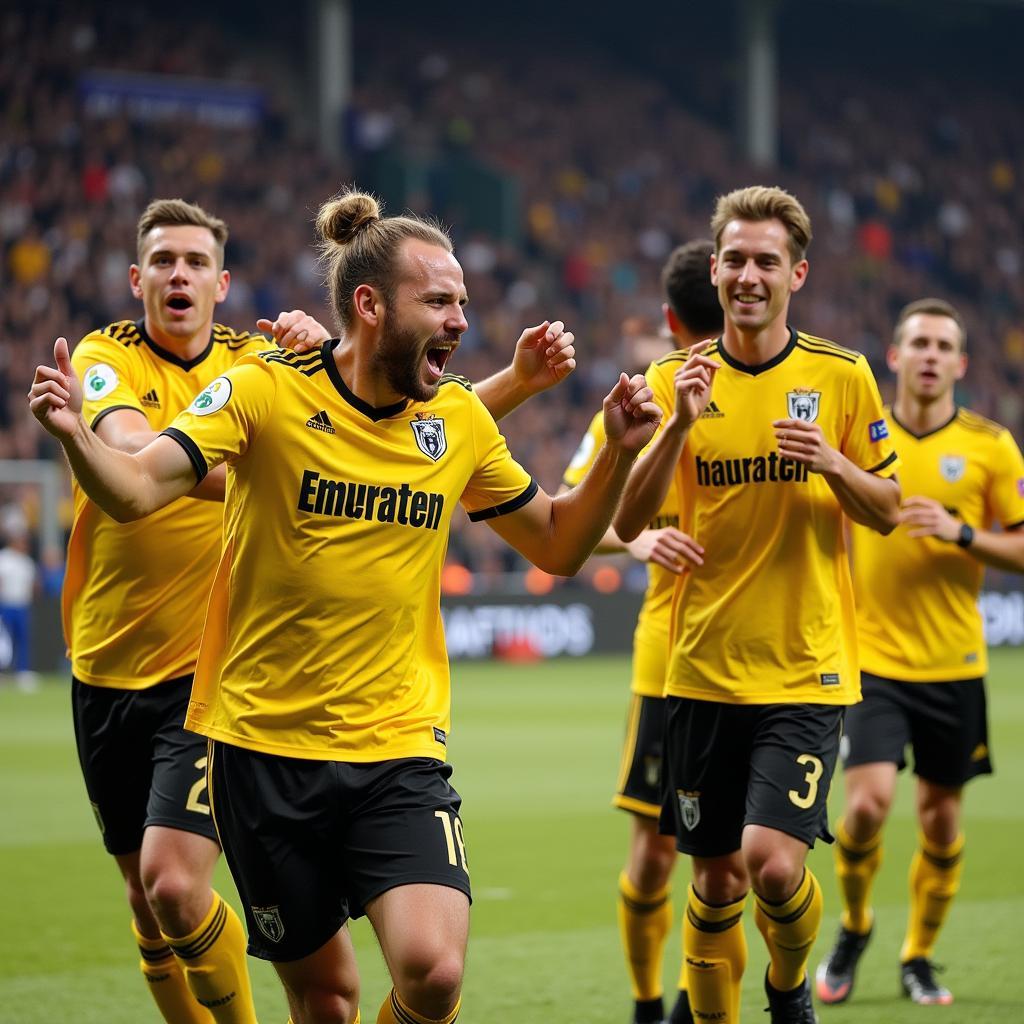 Erling Haaland celebrating a goal with teammates