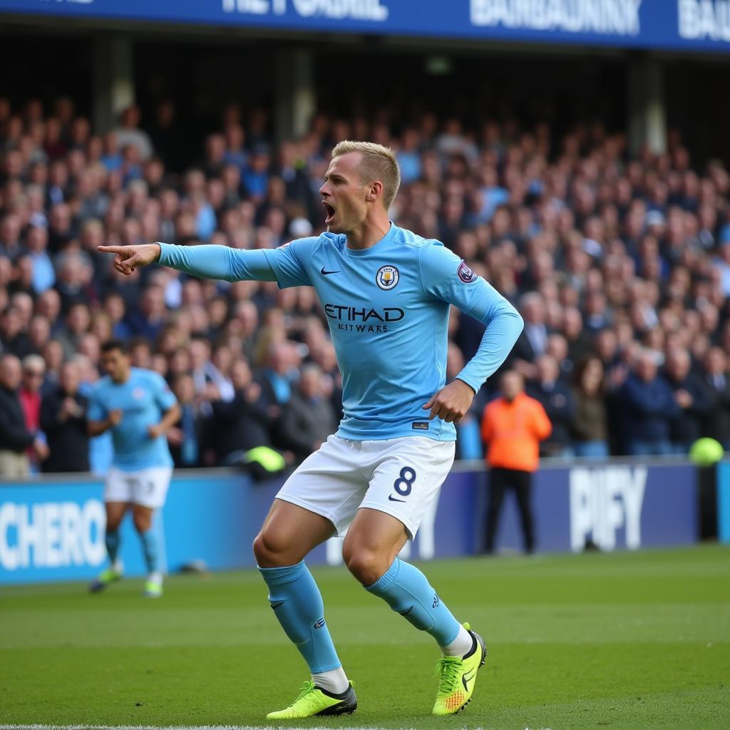 Haaland celebrates a goal in front of jubilant City fans