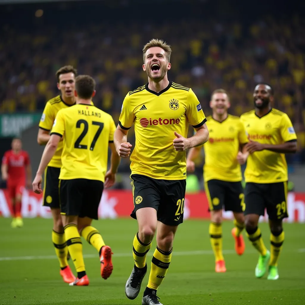 Haaland celebrates a goal with his Dortmund teammates.