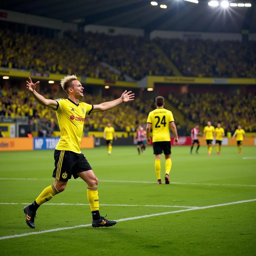 Haaland celebrating a goal with Dortmund fans