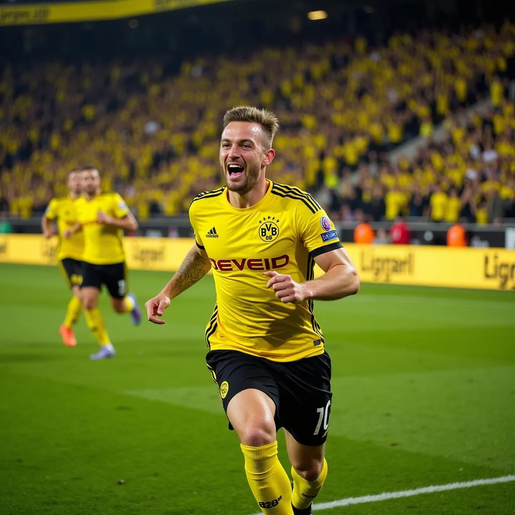 Haaland celebrating a goal in Signal Iduna Park