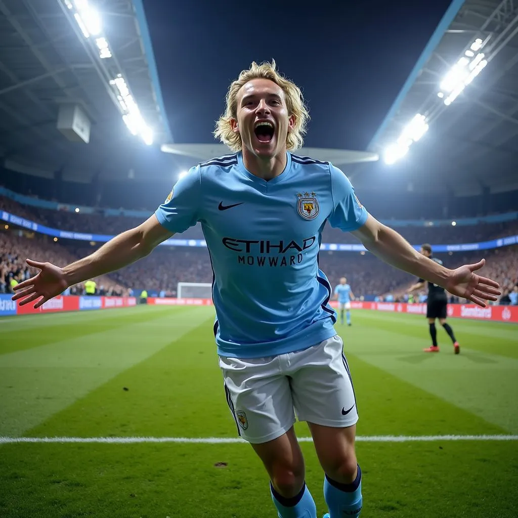 Haaland celebrating a goal in a packed Etihad Stadium