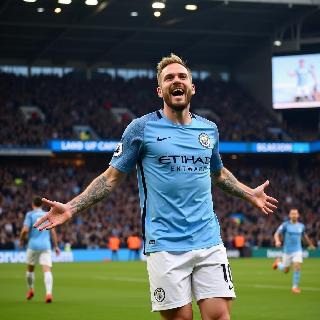 Haaland celebrates a goal in his signature style for Manchester City