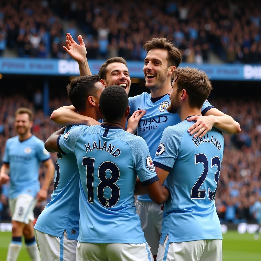 Haaland Celebrating a Goal with Manchester City Teammates, Showing Team Chemistry