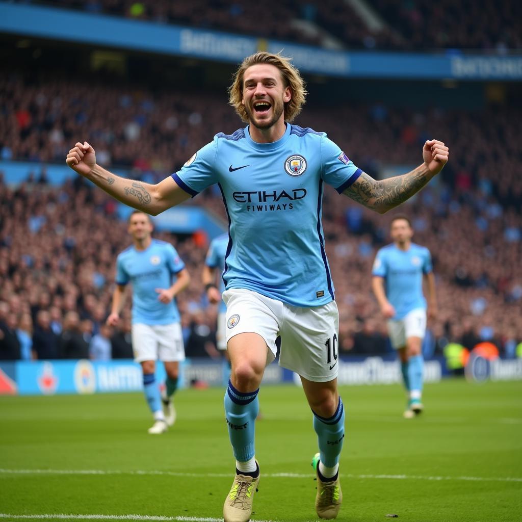 Haaland celebrating a goal in a Manchester City jersey