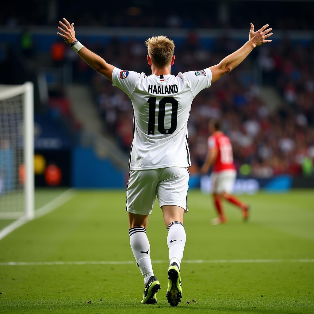 Haaland celebrates a goal, his Nike boots prominent in the frame