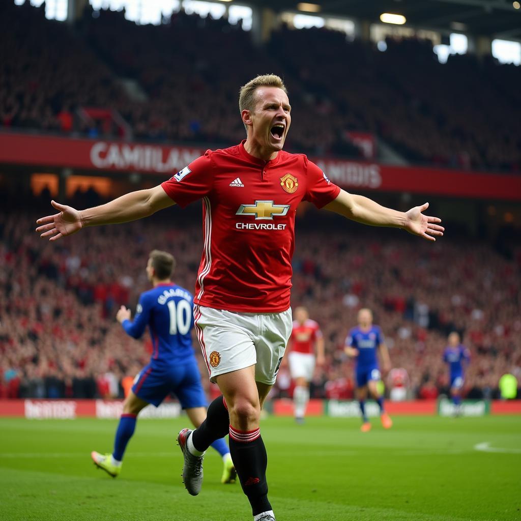 Erling Haaland celebrating a goal at Old Trafford