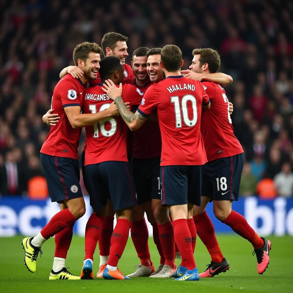 Haaland celebrating a goal with his teammates, showcasing team spirit and camaraderie