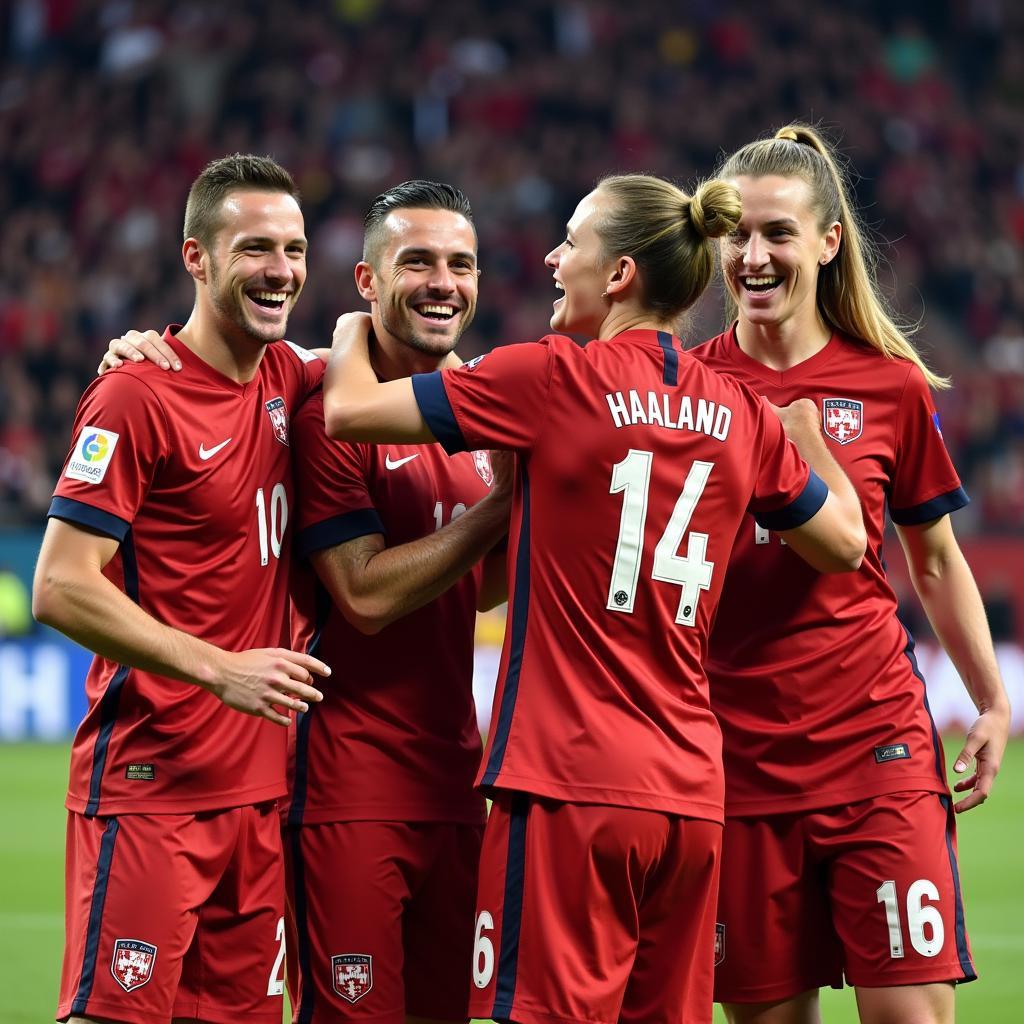 Haaland celebrating a goal with his Norwegian teammates, highlighting his strong bond with the team.