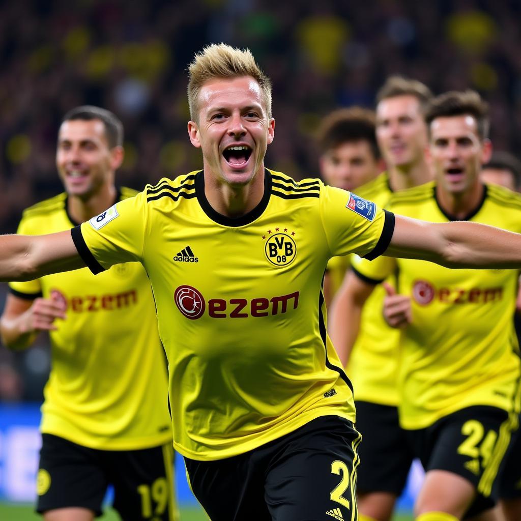 Erling Haaland celebrates a goal with Borussia Dortmund teammates