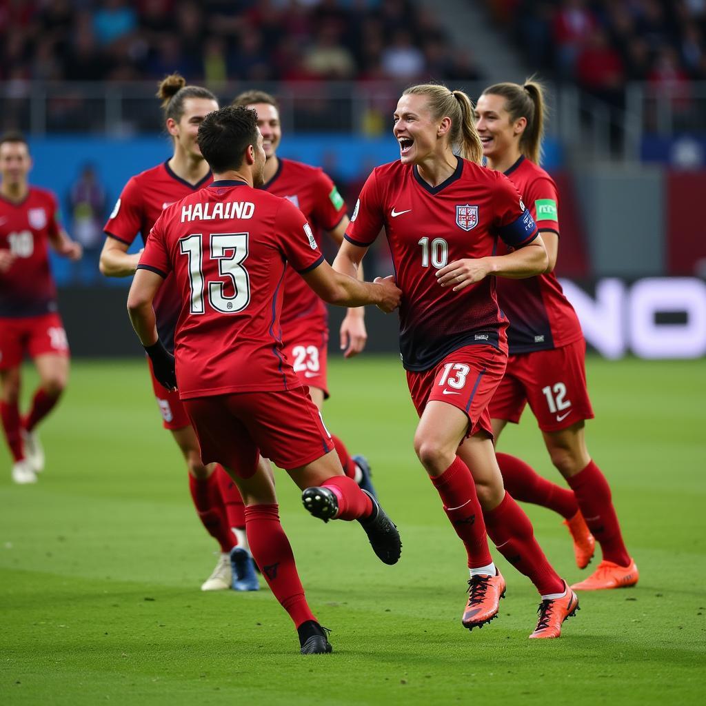 Erling Haaland celebrating a goal with his teammates