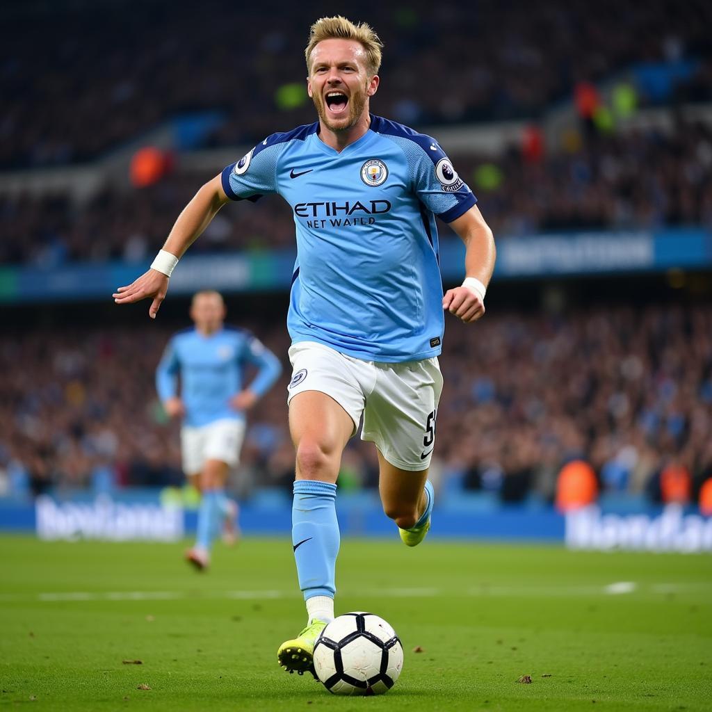 Haaland celebrating a goal in his Manchester City away kit