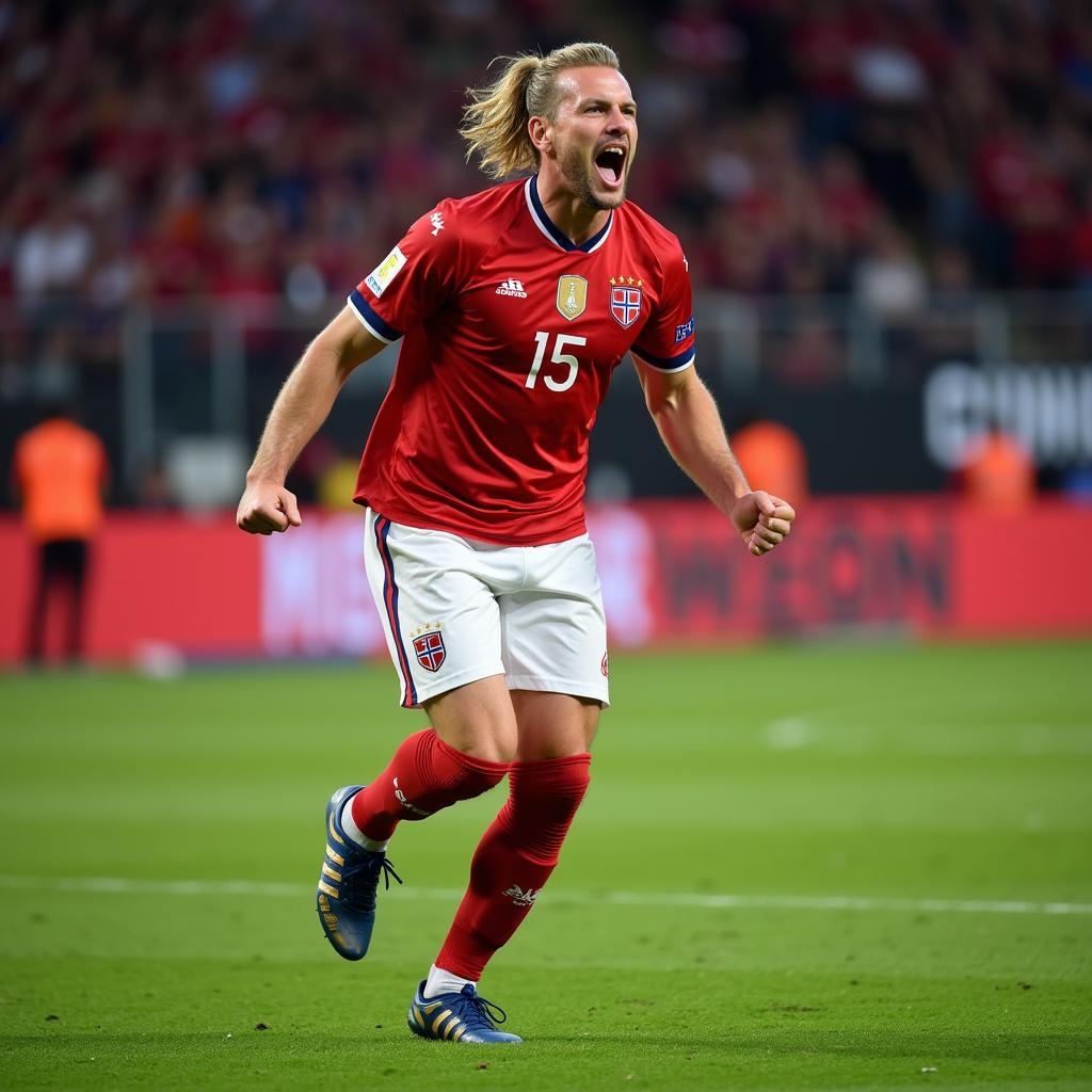 Haaland Celebrating a Goal in His Norway Kit