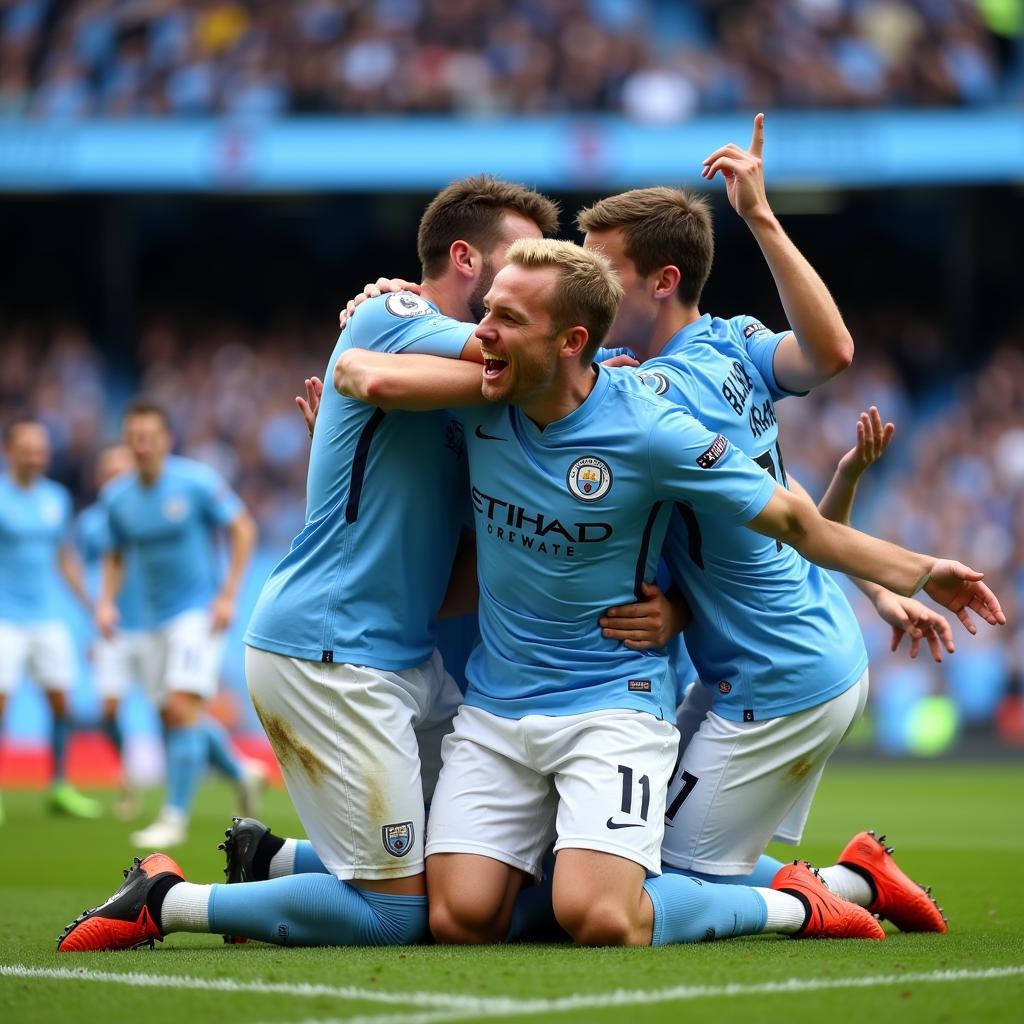 Haaland celebrates a penalty goal with Manchester City teammates