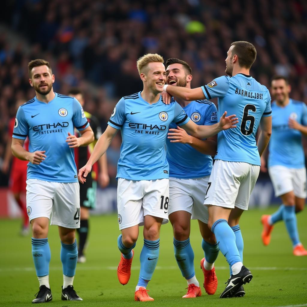 Erling Haaland Celebrating a Goal with Manchester City Teammates