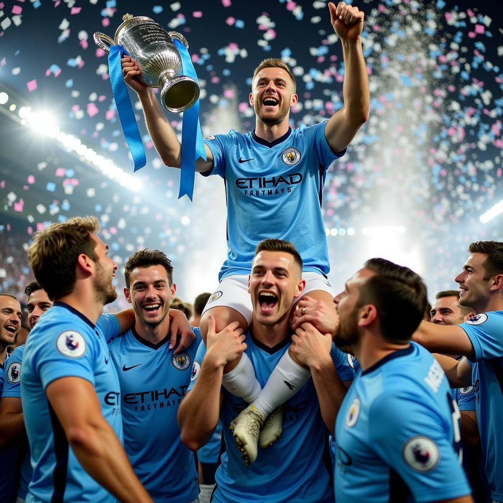 Erling Haaland celebrates with his Man City teammates after winning a trophy