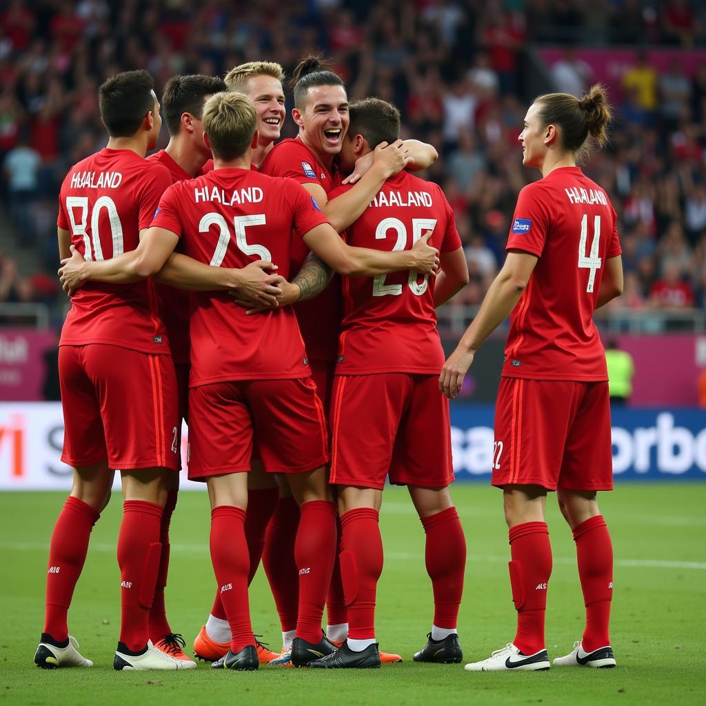 Haaland celebrating a victory with his Norwegian teammates