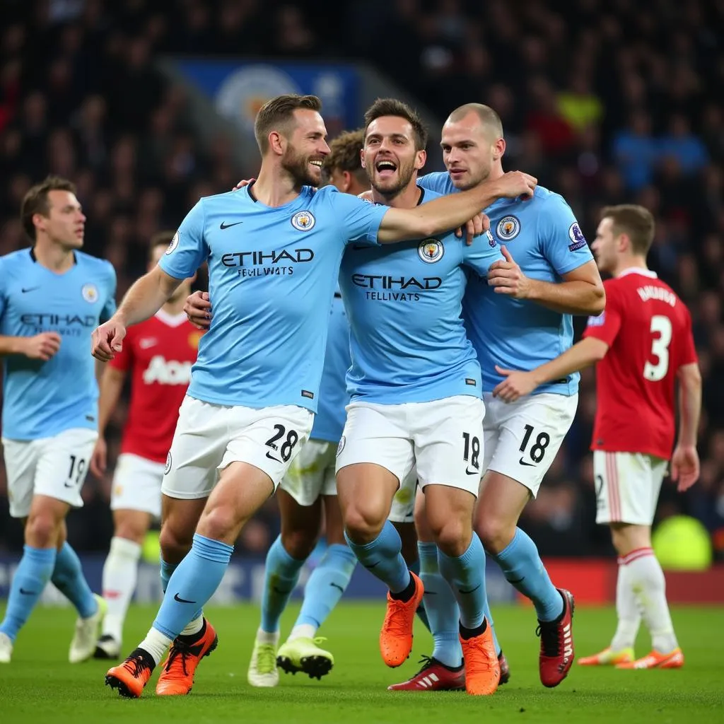 Haaland celebrating a goal with his teammates against Manchester United