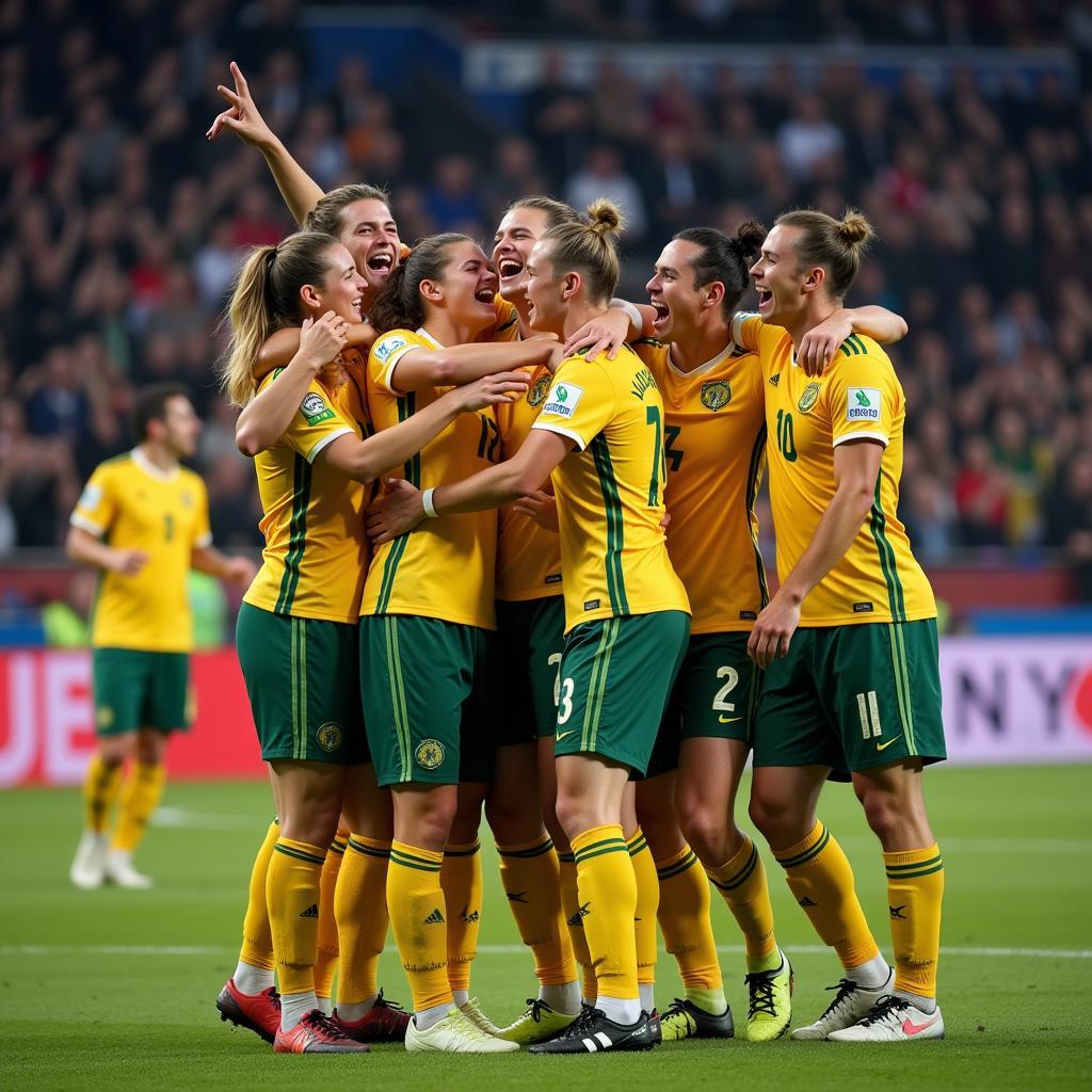 Haaland celebrating a goal with his teammates