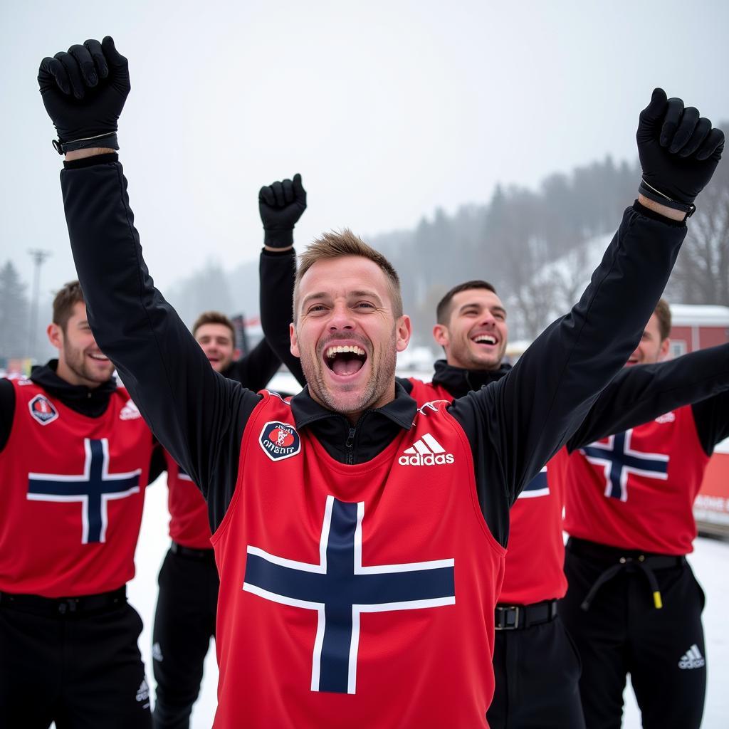 Erling Haaland celebrates with Norwegian teammates