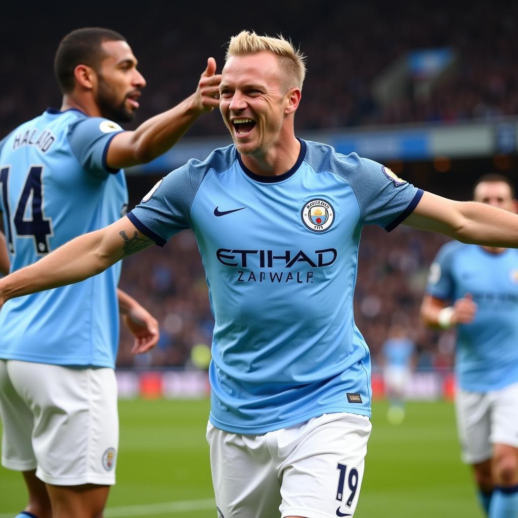 Erling Haaland celebrating with his Man City teammates