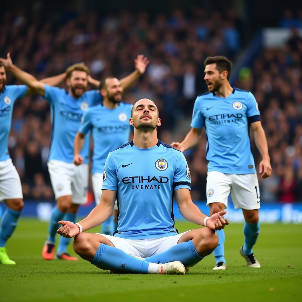 Erling Haaland celebrates a goal with his signature meditation pose.